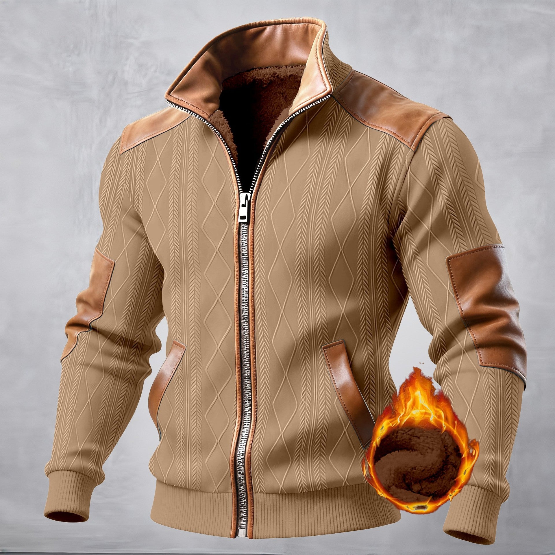 Color-block Textured Fleece-lined Zip-up Casual Jacket