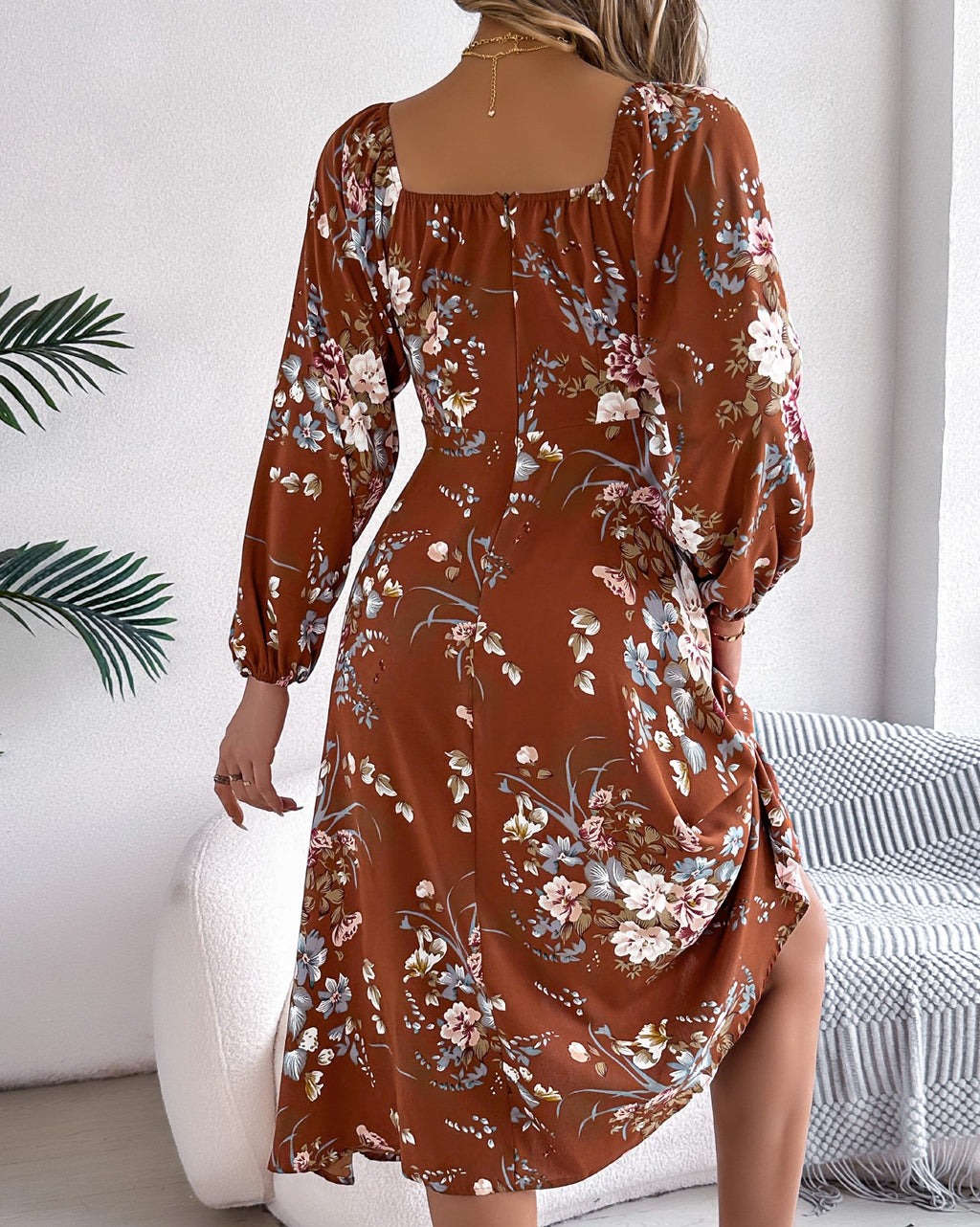 Women's Sexy Tie Knot Floral Print Long Sleeve Split Dress