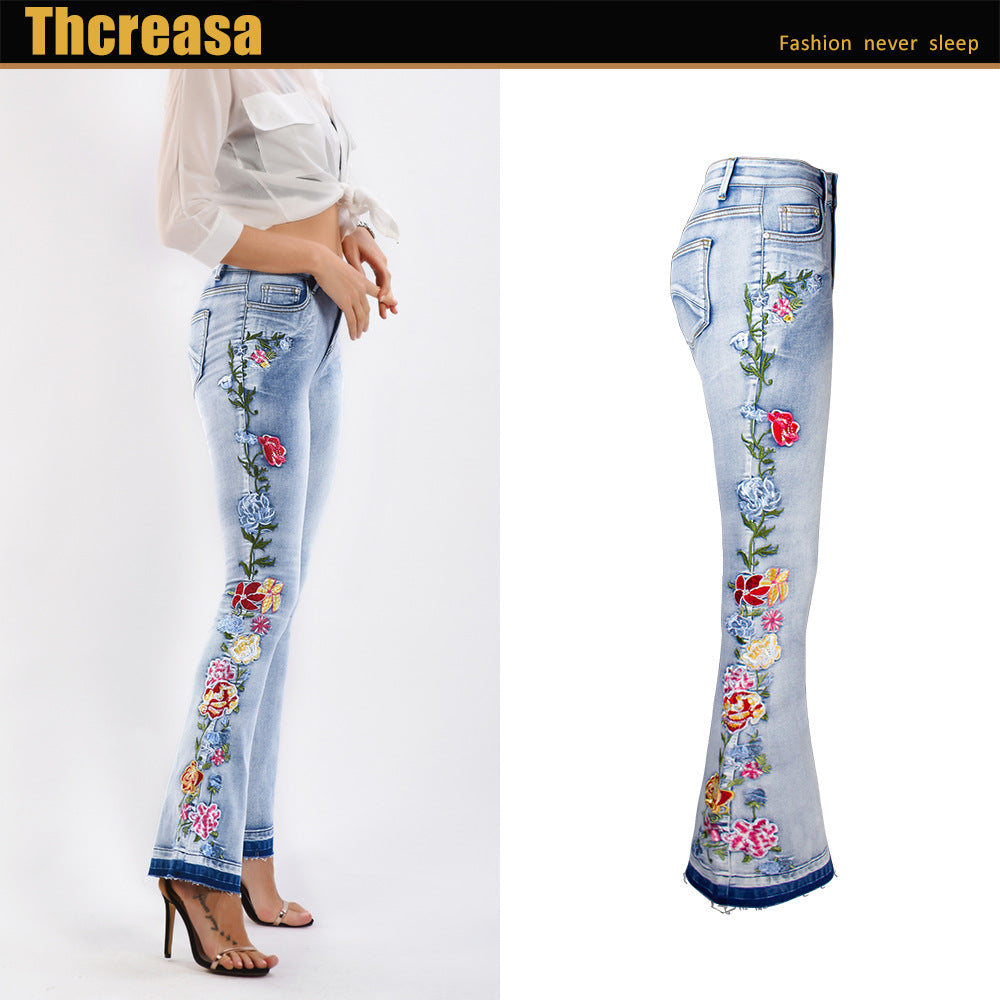 Flared Jeans For Women With Intricate 3D Embroidery In A Heavyweight, EuropeanAmerican Style