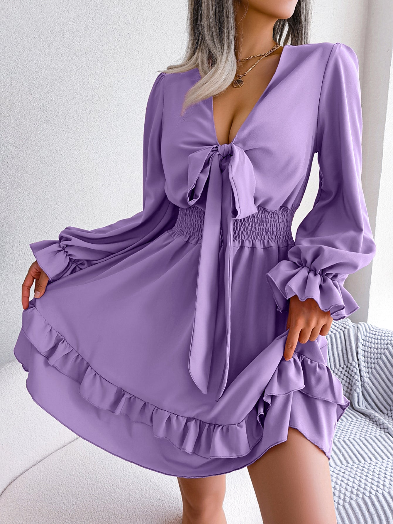 Women  Casual Tie Waist Ruffle Trim Flowy Dress