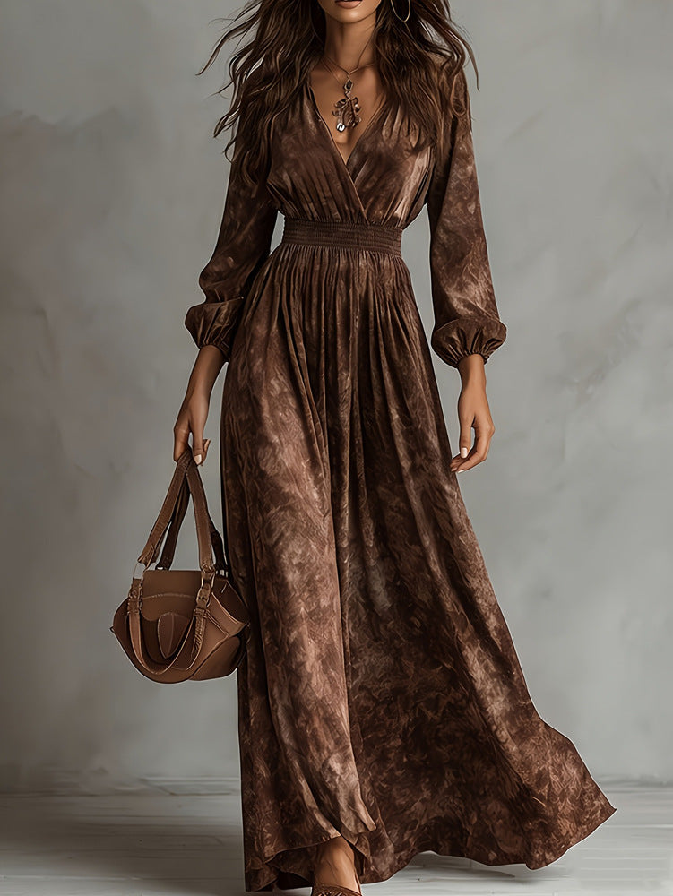Womens Fashionable Retro Waist-Cinching Printed Dress