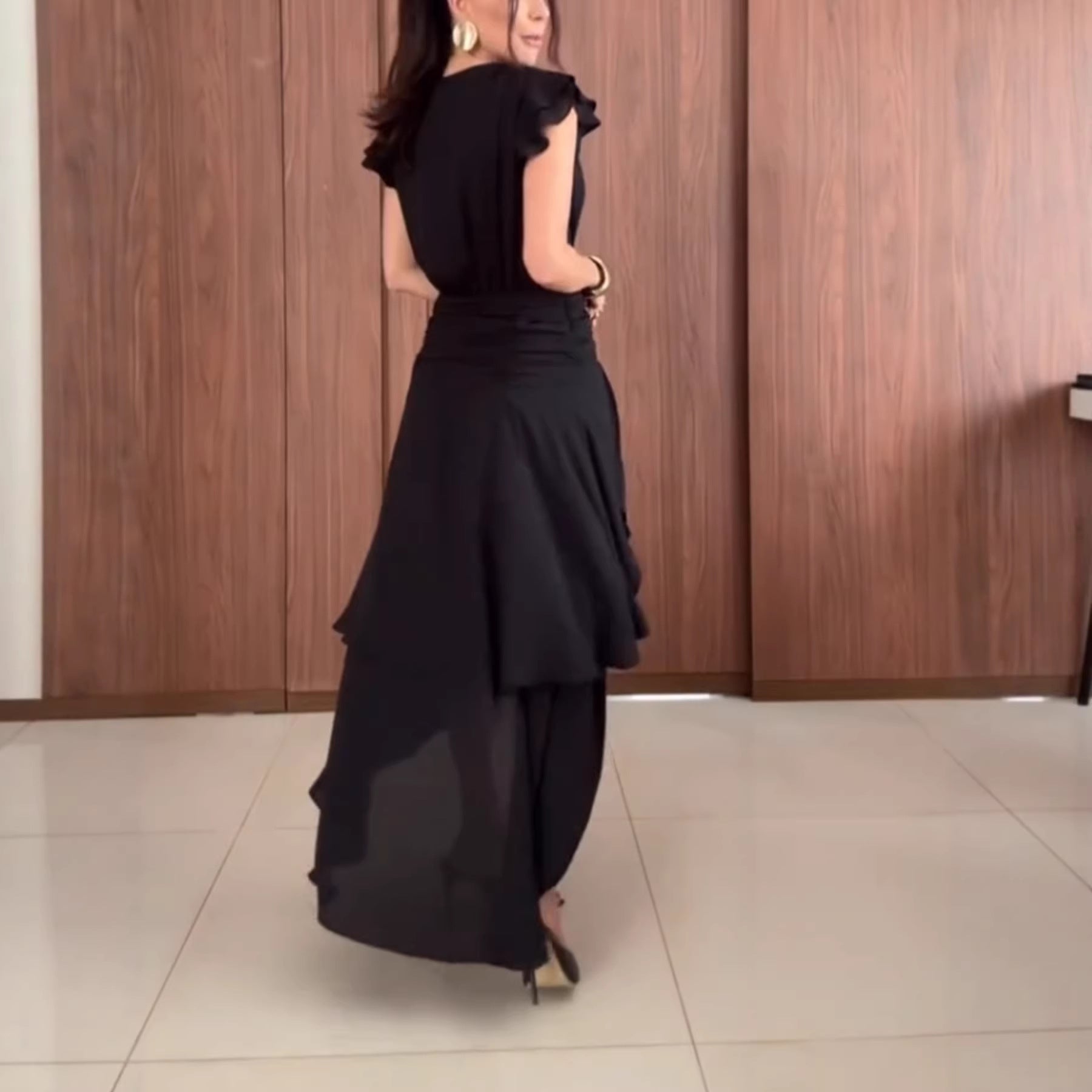 Womens Asymmetrical Solid-Color Maxi Dress With Ruffled Cap Sleeves