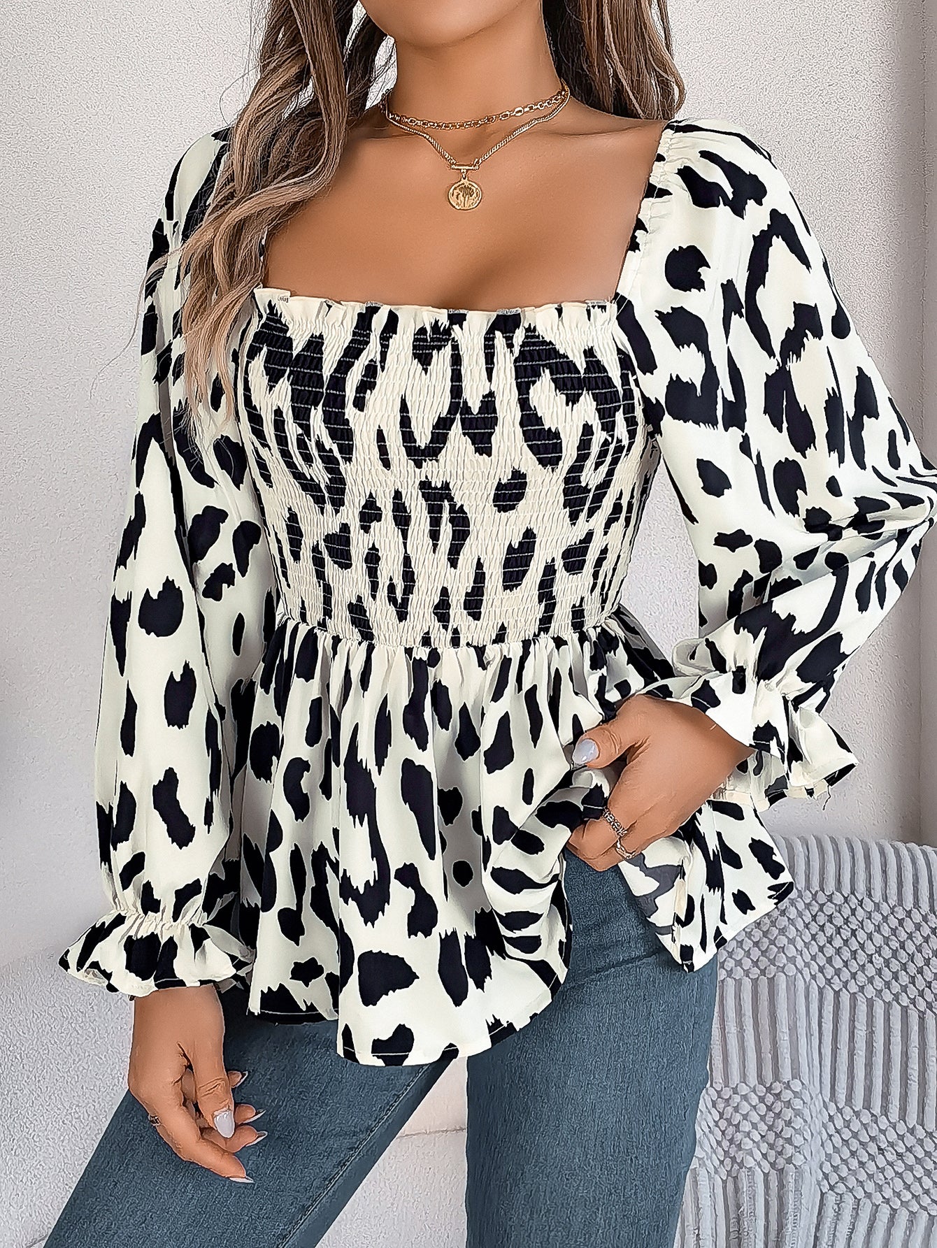 Women's Casual Ruffle Trim Square Neck Leopard Print Long Sleeve Chiffon Top