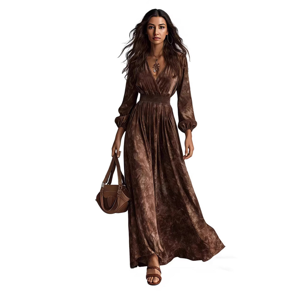Womens Fashionable Retro Waist-Cinching Printed Dress