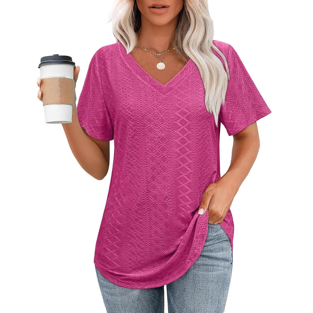 Hollow-out Airy Casual V-Neck Short Sleeve
