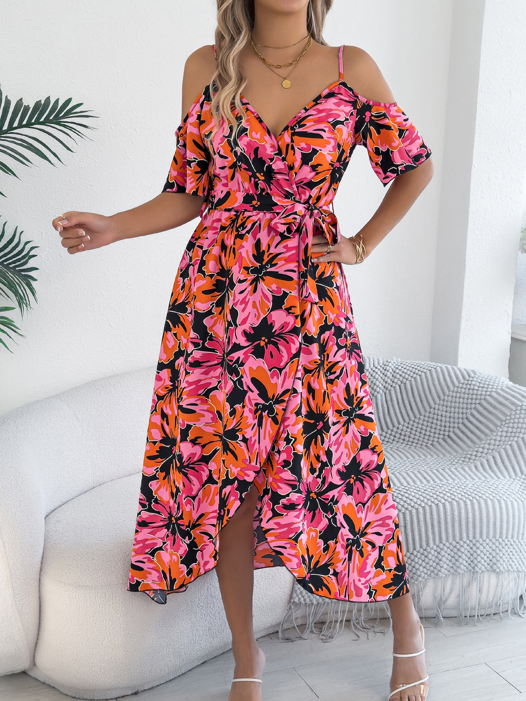 Women's Off Shoulder Cross V Neck Floral Print Camisole Vacation Maxi Dress