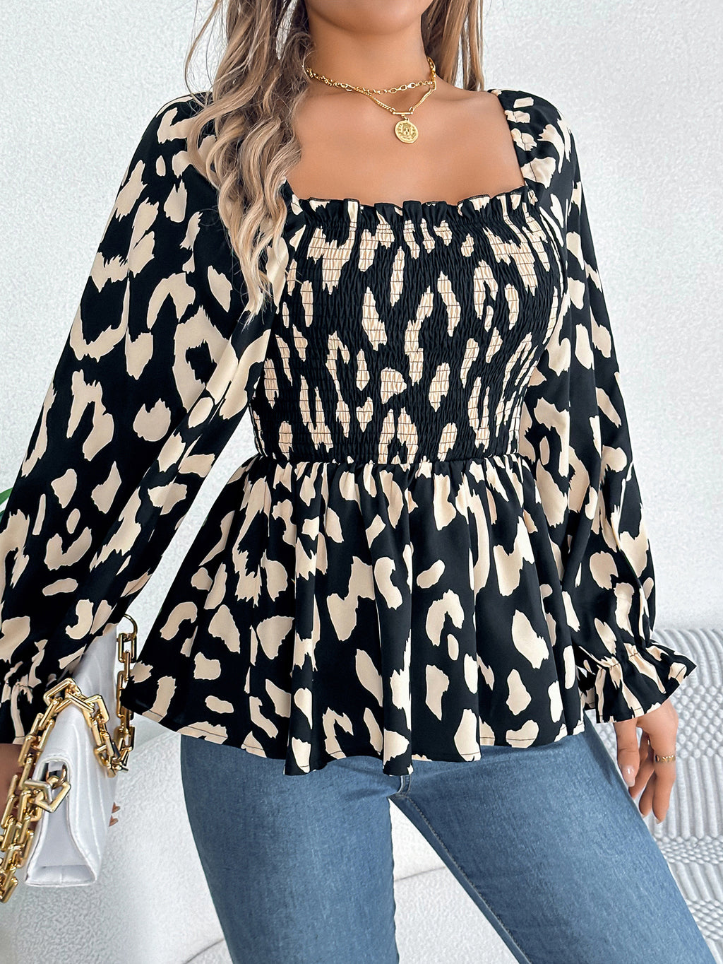 Women's Casual Ruffle Trim Square Neck Leopard Print Long Sleeve Chiffon Top