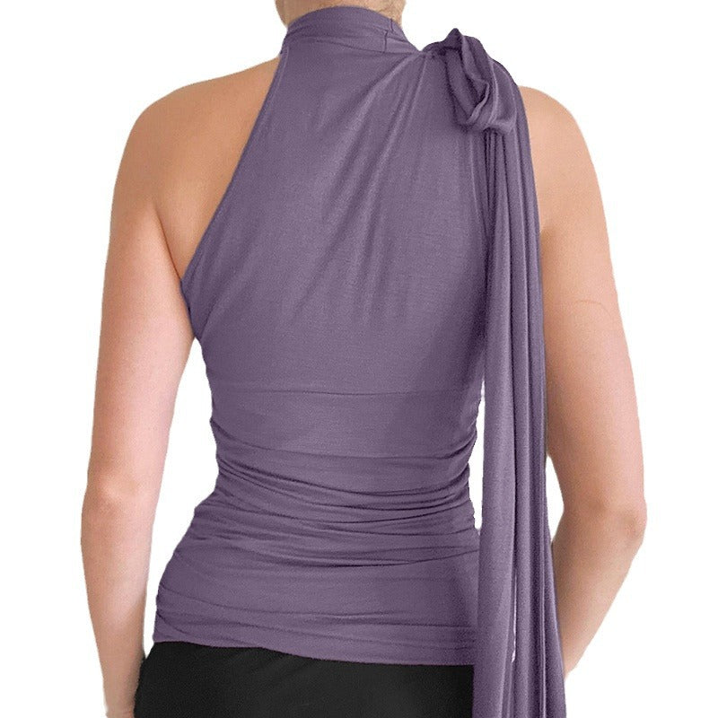 Womens French-Elegant Collarless Pleated Top