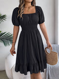 Women's Casual Square Neck Short Sleeve Tie Waist Ruffle A-Line Dress