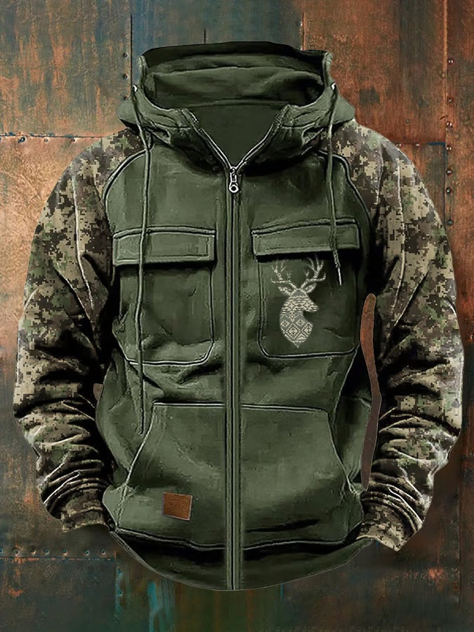 Mens Multi-Pocket Cargo Hoodie With Zippers And Color-Block Design