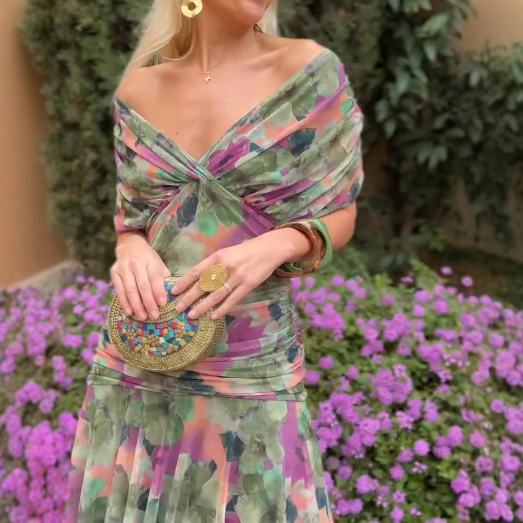 European And American SpringSummer Mesh Printed Camisole Dress