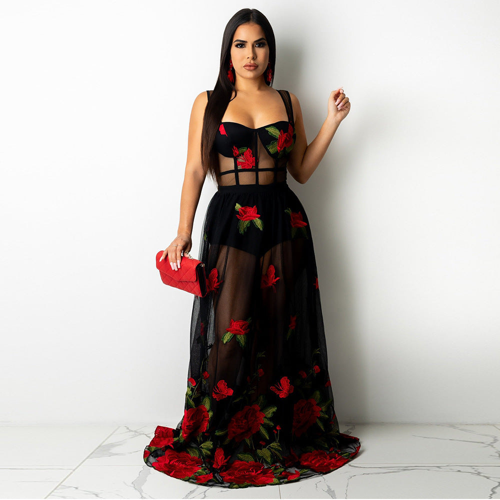 Womens Versatile Sexy Slip Dress With Embroidery And Sheer Details