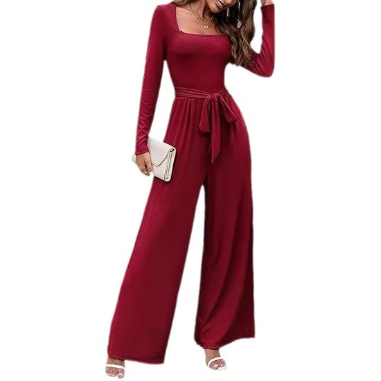 Fashionable Long-Sleeve Square-Neck Casual Jumpsuit With Waist Belt And Wide-Leg Pants
