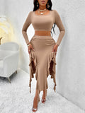 Solid-color Crewneck Long-sleeve Top And Ruffled Hem Midi Skirt Set