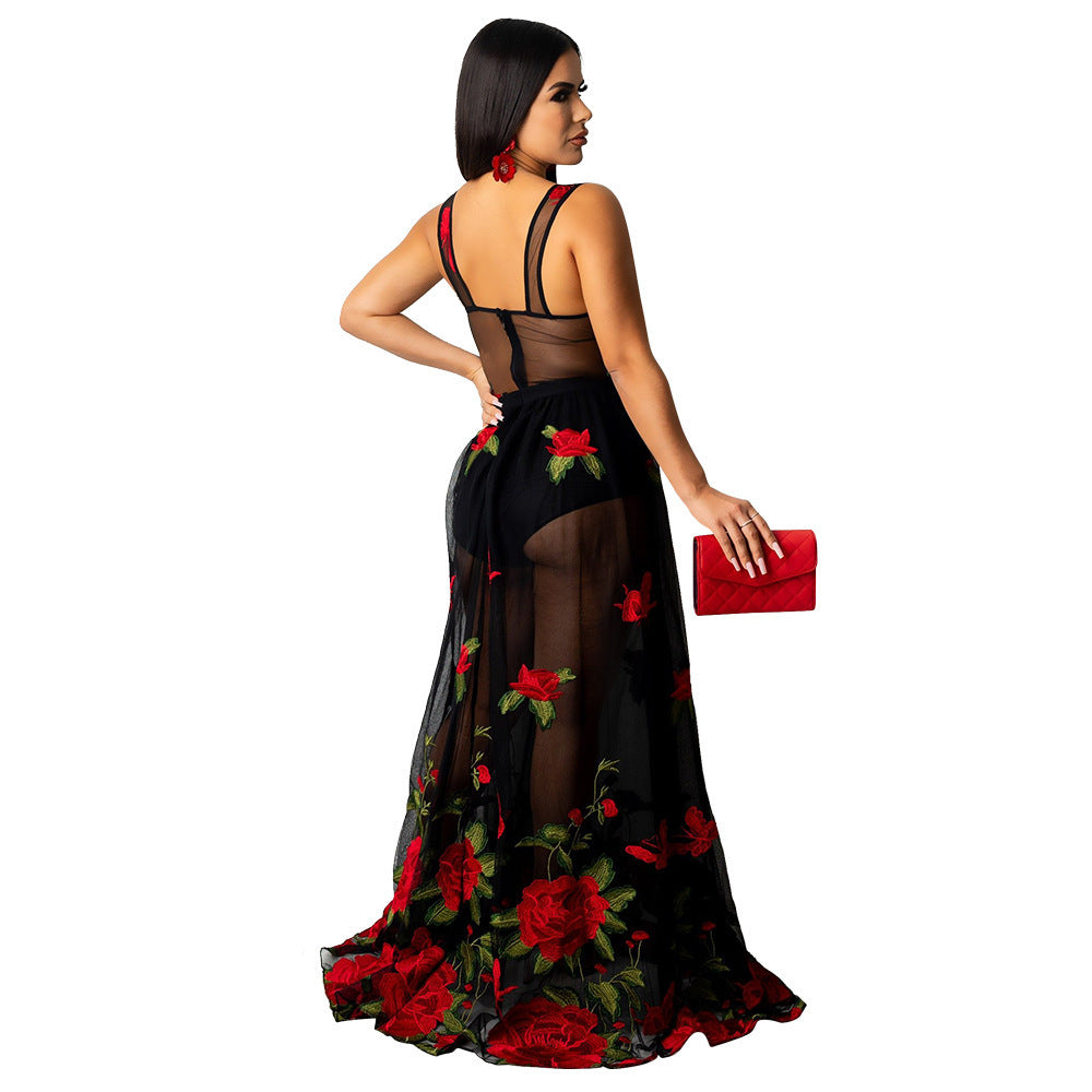 Womens Versatile Sexy Slip Dress With Embroidery And Sheer Details