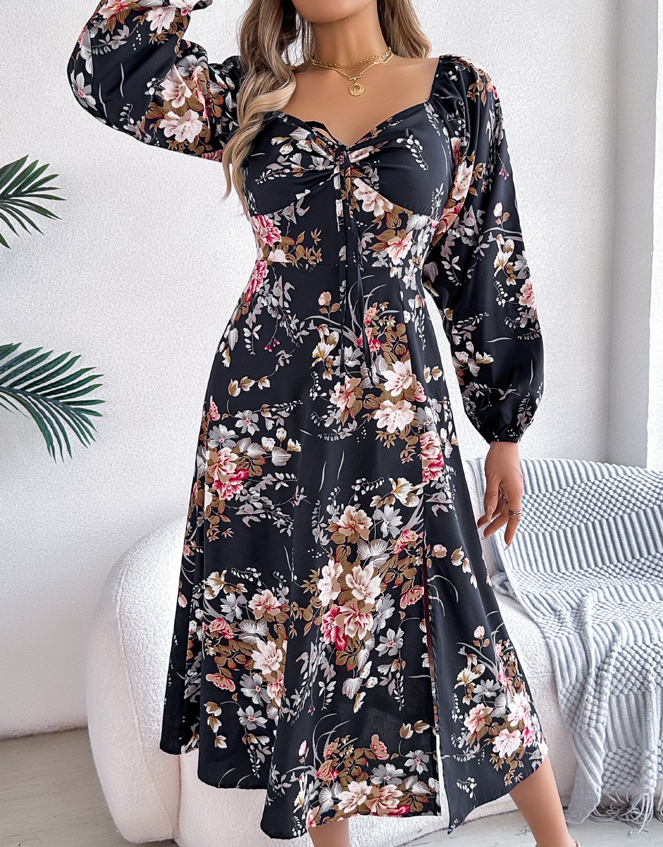 Women's Sexy Tie Knot Floral Print Long Sleeve Split Dress