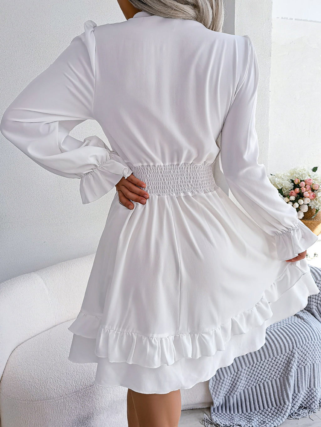 Women  Casual Tie Waist Ruffle Trim Flowy Dress