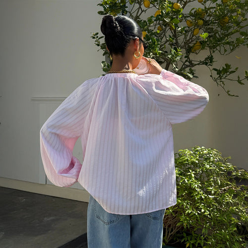 Casual Striped Button Up Shirt With A Stand Up Collar And Puff Sleeves