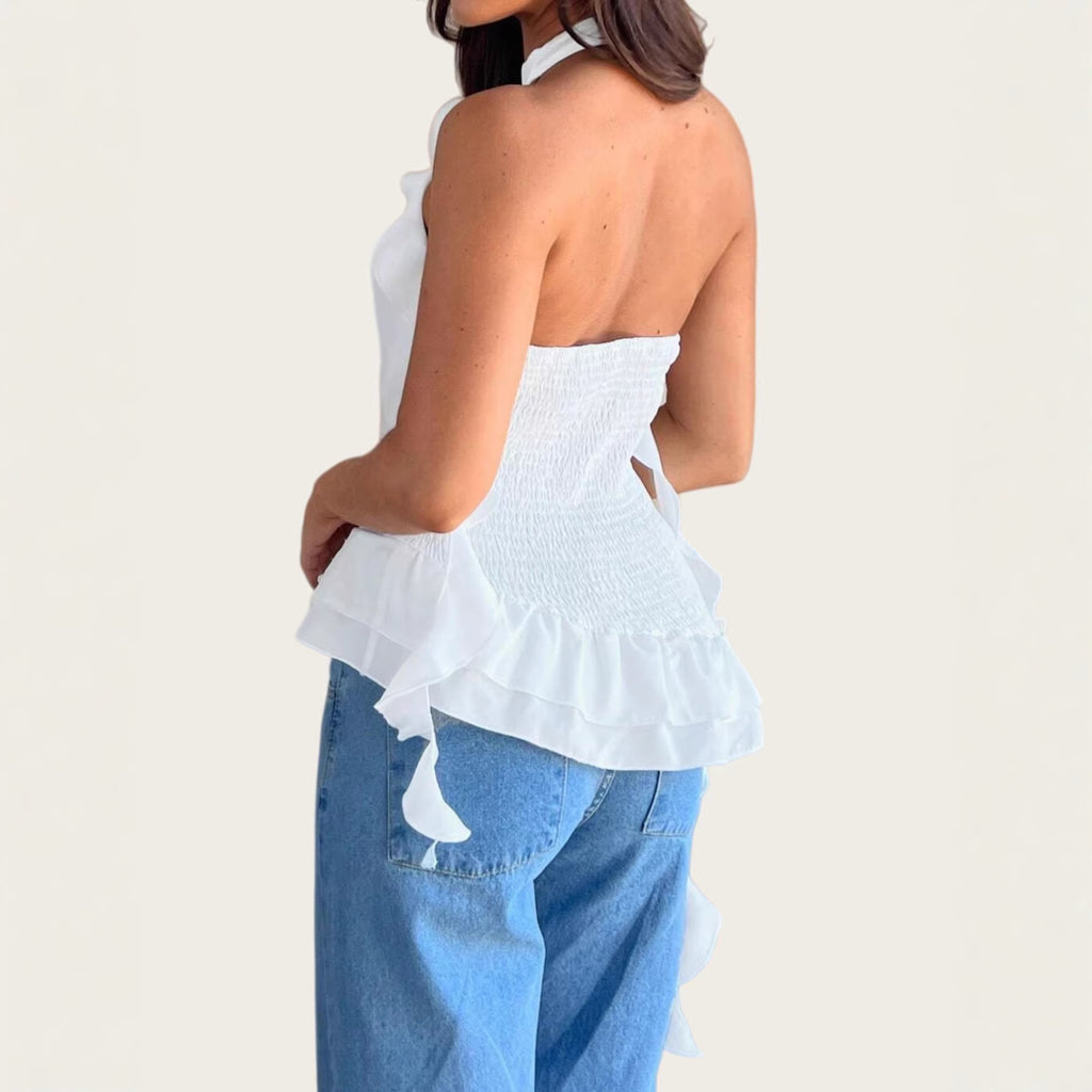 Chic Floral Neckpiece With Ribbon Tie Up Top