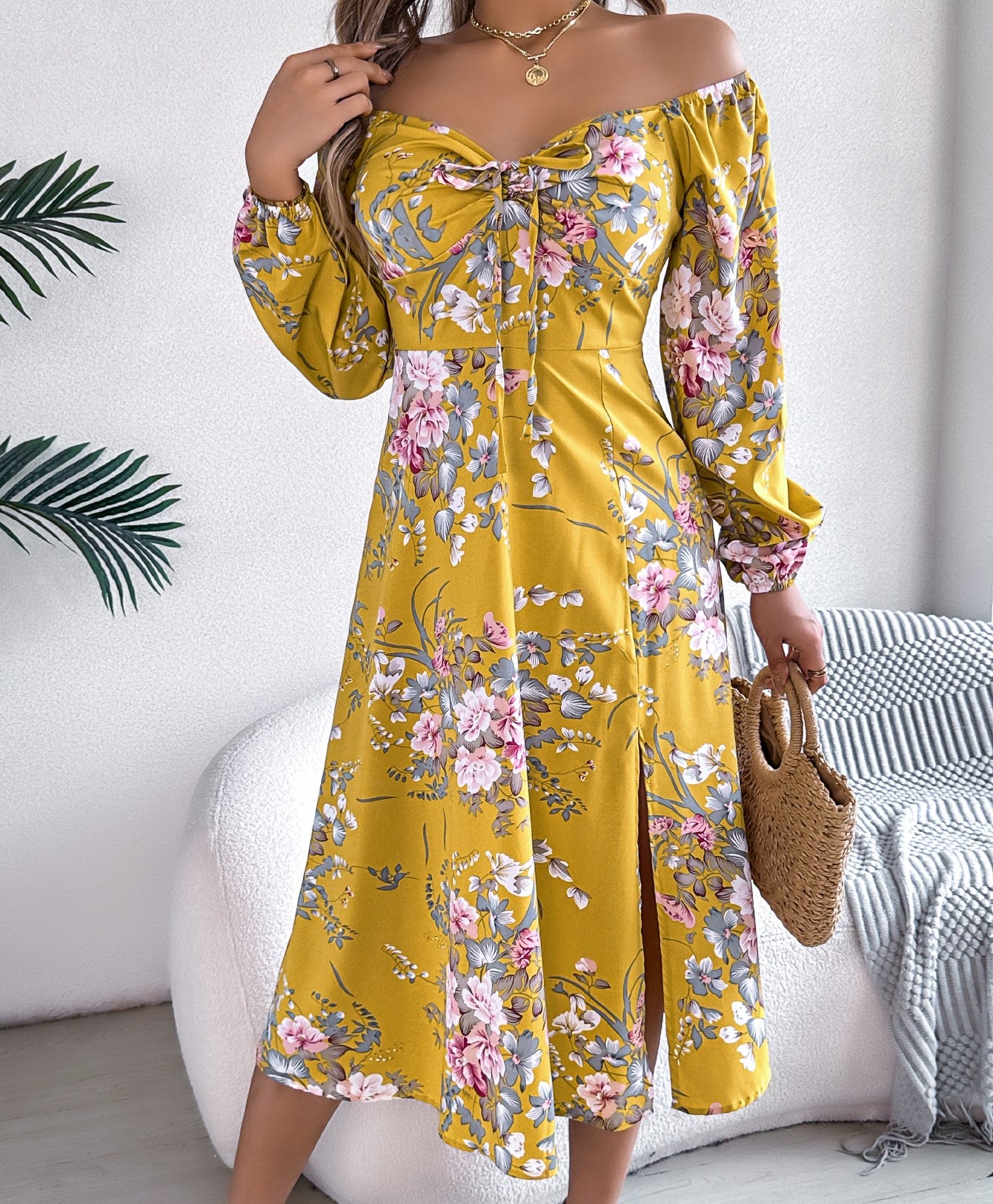 Women's Sexy Tie Knot Floral Print Long Sleeve Split Dress