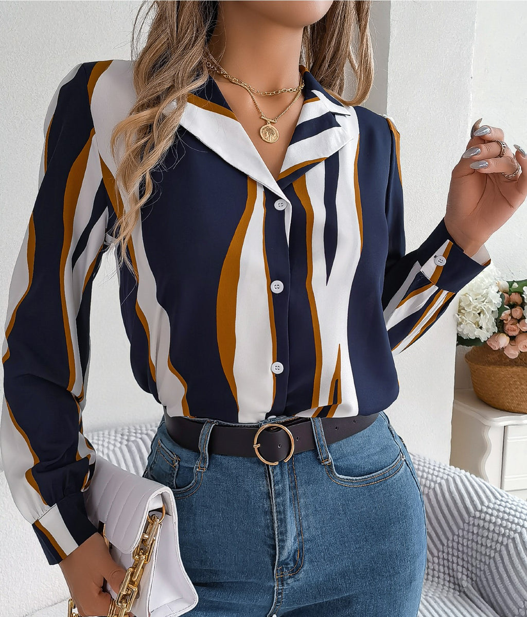 Women's Casual Versatile Color Block Stripe Notched Lapel Long Sleeve Shirt