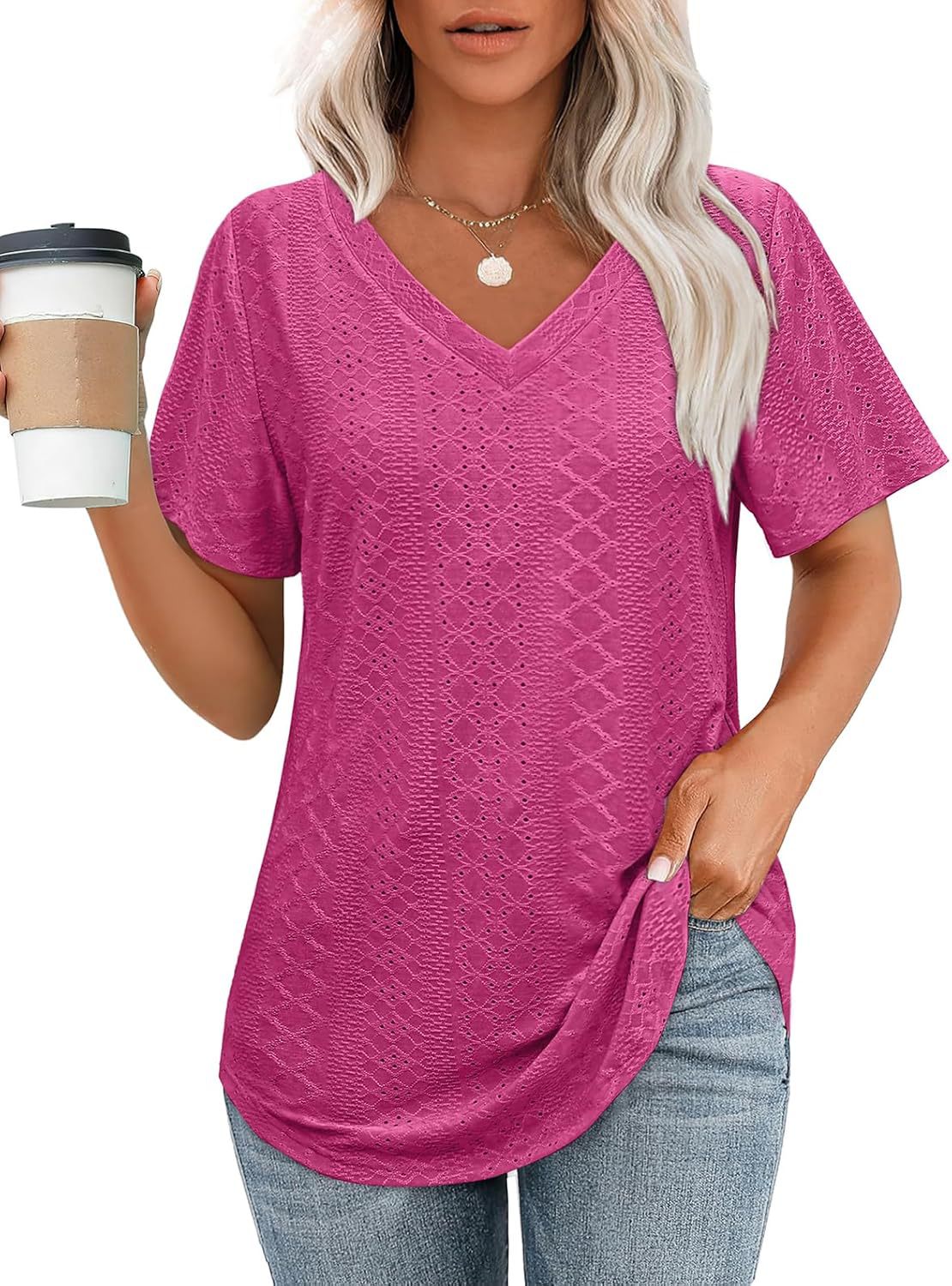 Hollow-out Airy Casual V-Neck Short Sleeve