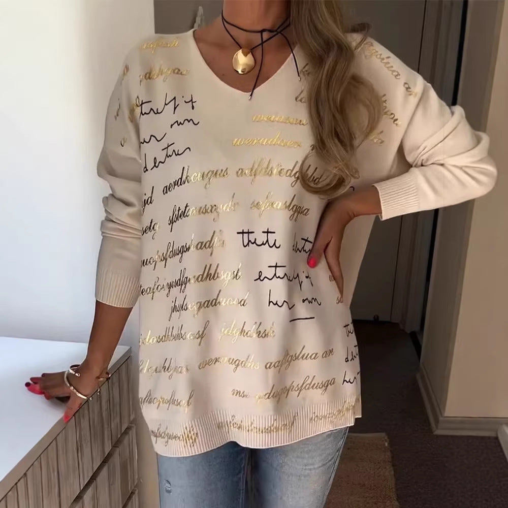 Solid-color Printed Letter Long-sleeve Top For Women