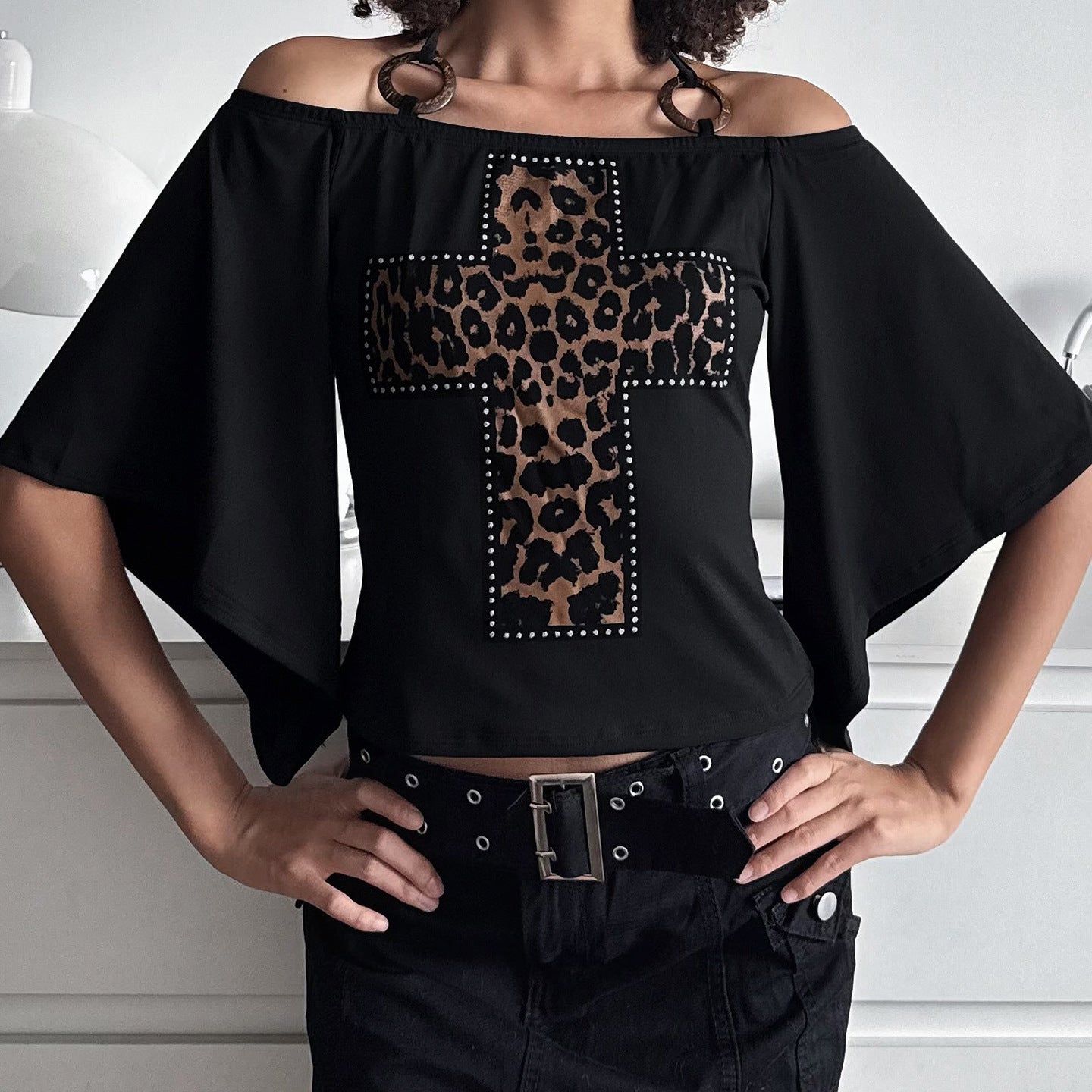 Retro Sassy Cross Leopard Print Halterneck Top With A Low Cut Neckline