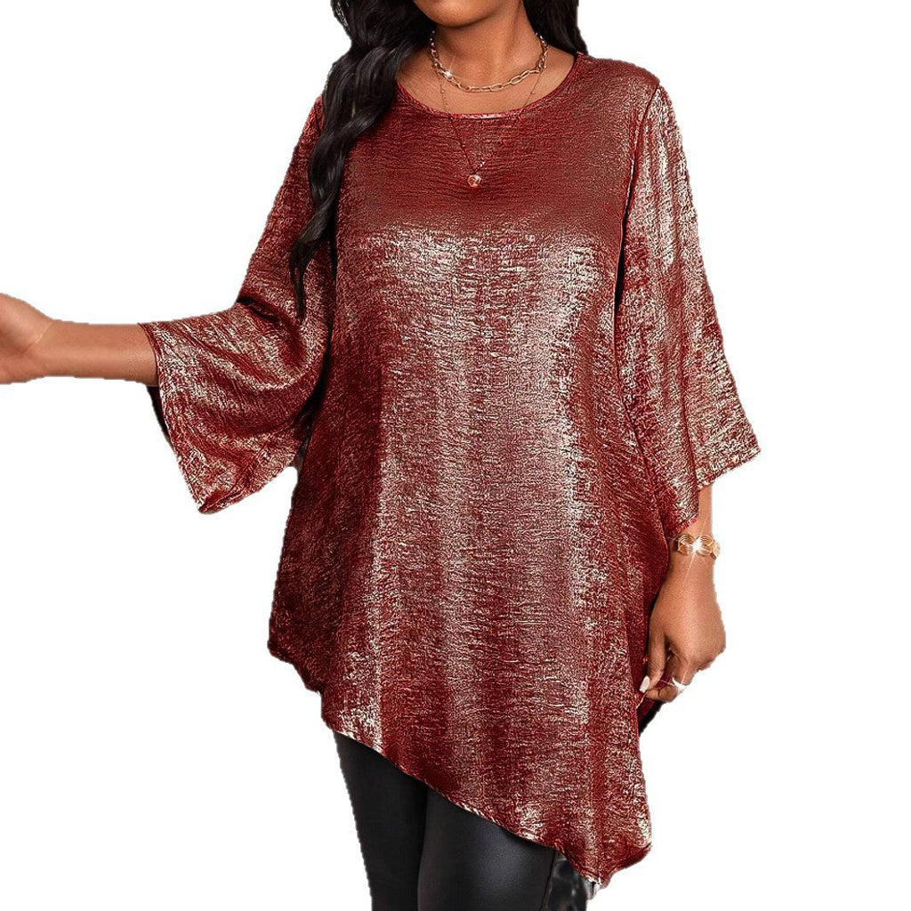 Plus-size Loose-fit Crew Neck Cropped-sleeve Top With An Asymmetrical Hem