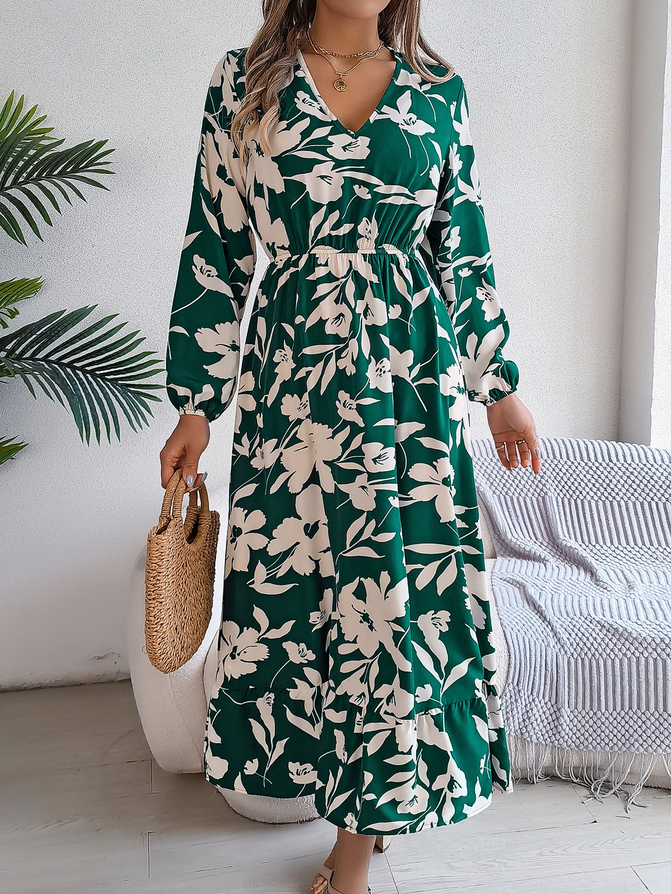Women's Casual Floral Print Tie Waist Long Sleeve Ruffle Dress