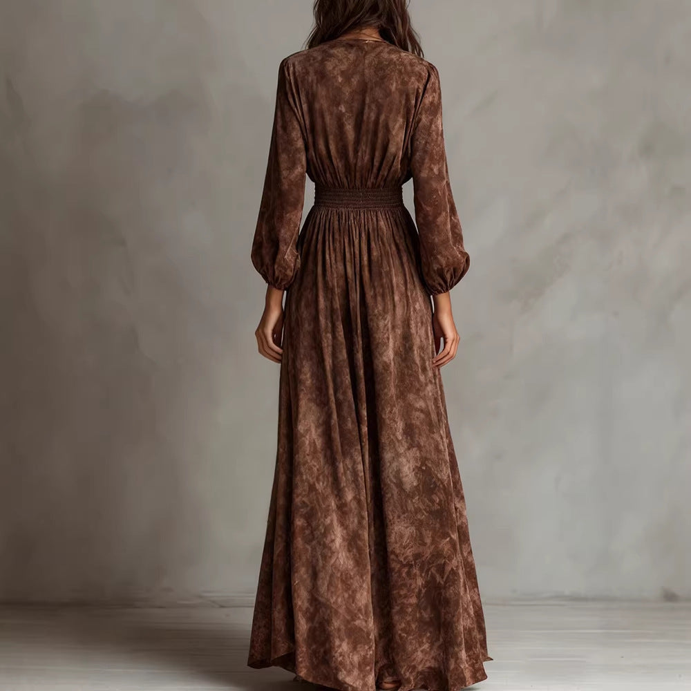 Womens Fashionable Retro Waist-Cinching Printed Dress