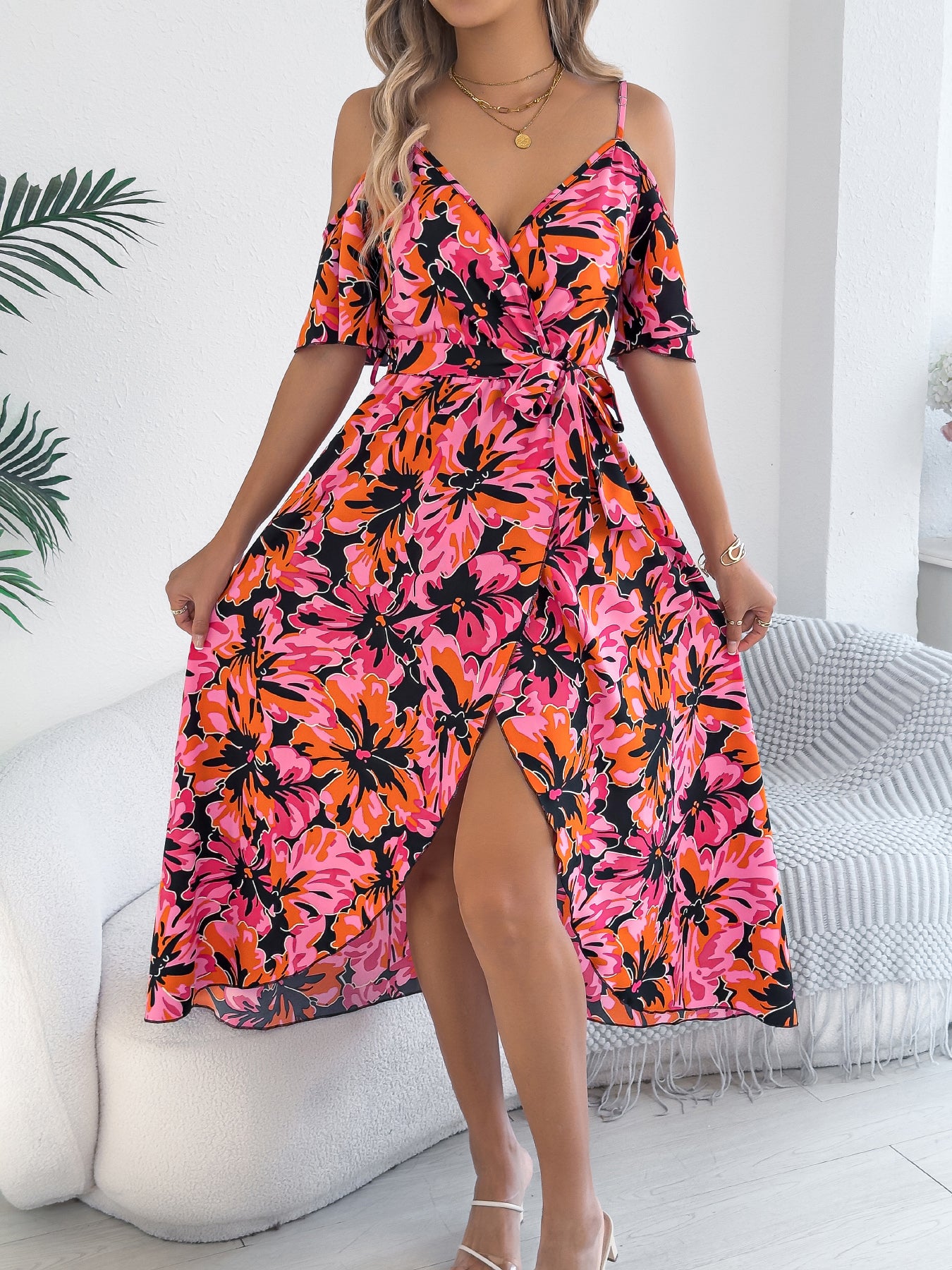 Women's Off Shoulder Cross V Neck Floral Print Camisole Vacation Maxi Dress