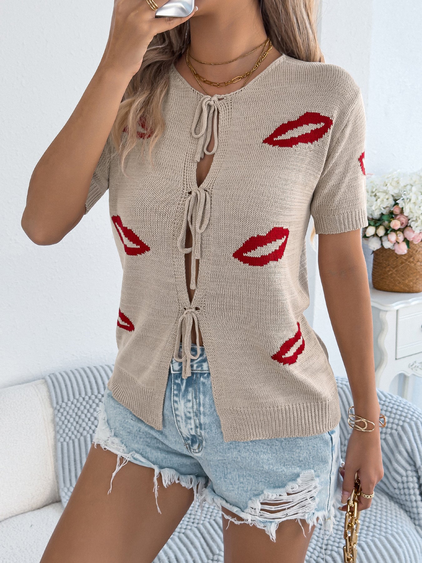Women   Casual Sexy Lips Jacquard Tie Knit Valentine  Top